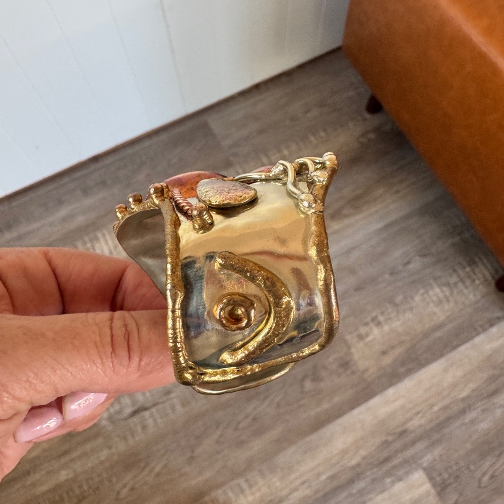 AMMONITE FOSSIL CUFF Bracelet Brass and copper sun accents adjustable bracelet - Picture 2 of 9